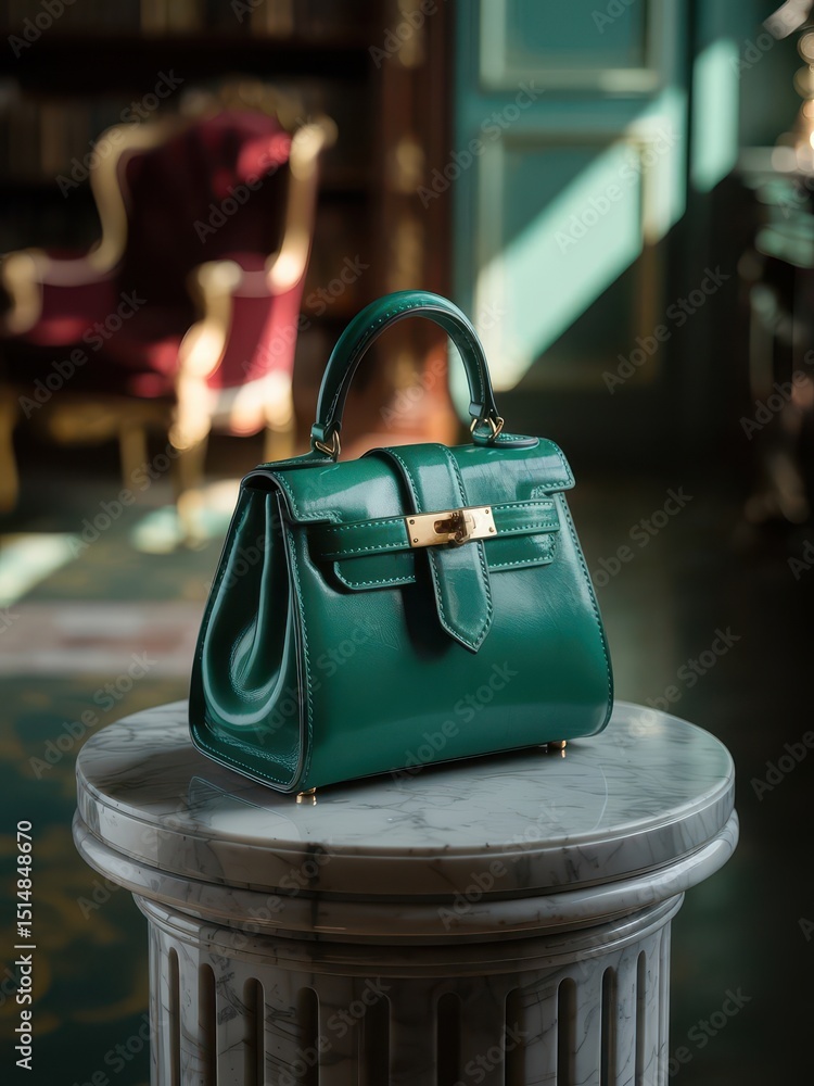 custom made wallpaper toronto digitalLuxury green leather handbag on marble pedestal
