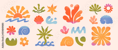 Summer abstract doodles,organic shapes and forms.Sea ocean waves,palm,seashells,sun.Groovy beach,surf club retro aesthetic.Elements in trendy style for banners,social media,branding,covers,prints