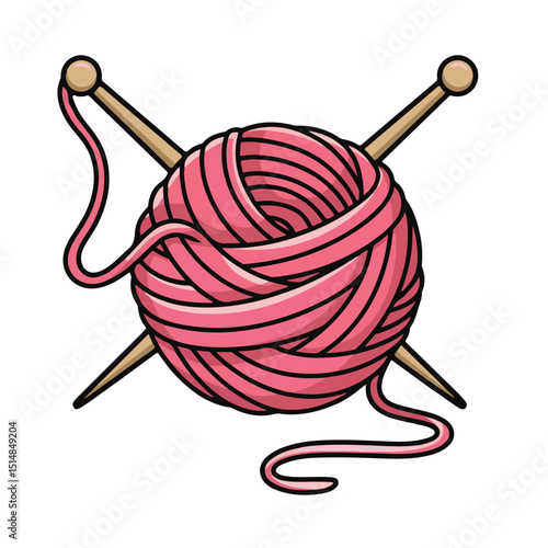 Red and pink balls of woolen yarn and wooden knitting needles, isolated on white for a cozy knit craft hobby