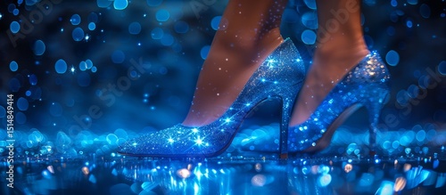 Close-Up of Sparkling Blue High Heels Against Defocused Glittering Lights