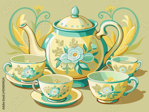 vector of A beautiful porcelain teapot with delicate floral designs in pastel shades of yellow and green, with matching teacups, soft reliefs on the glaze.