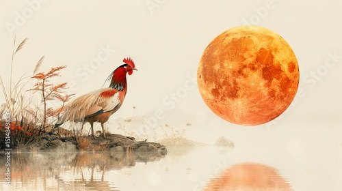 Rooster Under a Giant Orange Moon