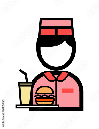 ハンバーガーを持ったファストフード店員のシンプルなカラーイラストアイコン