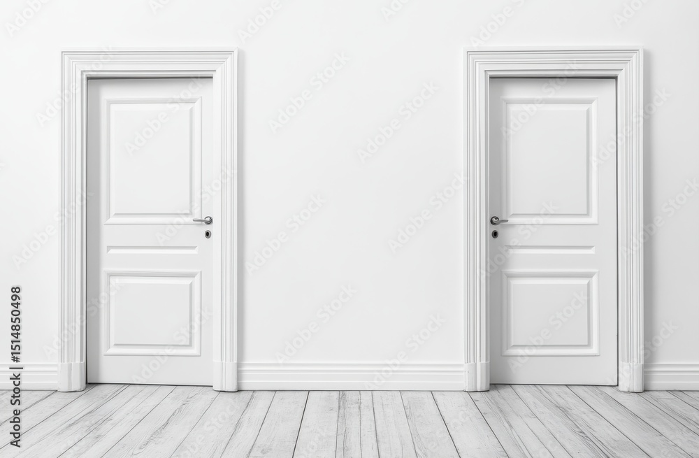 Minimal interior with open white doors and natural wood flooring Minimal interior with open white doors and natural wood flooring