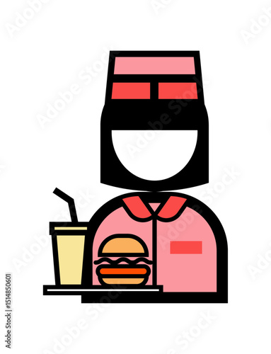 ハンバーガーを持ったファストフード店員のシンプルなカラーイラストアイコン