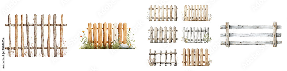Obraz premium Rustic wooden fences in various styles, featuring different wood textures, colors, and finishes; ideal for agriculture, rural decoration, and landscaping designs.