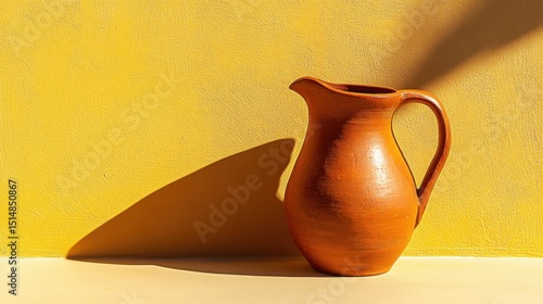 Classic pottery jug styled on saturated yellow background with dramatic shadows