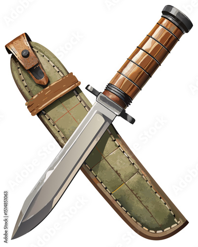 detailed military knife vector with sheath and belt holster, on white background
