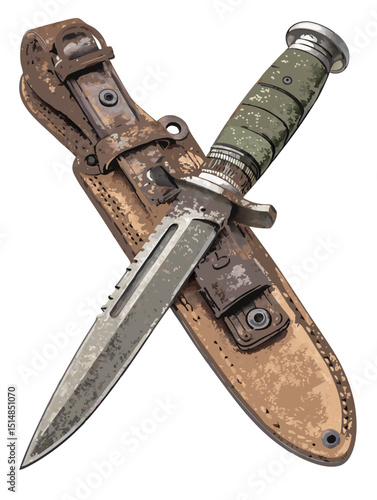 detailed military knife vector with sheath and belt holster, on white background
