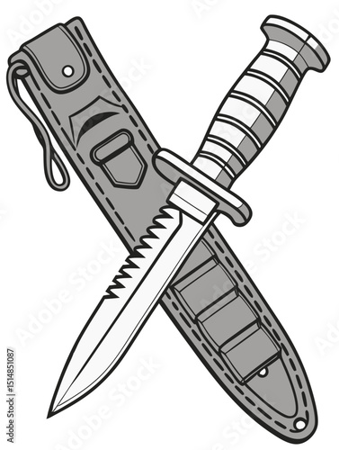 detailed military knife vector with sheath and belt holster, on white background
