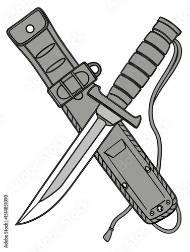 detailed military knife vector with sheath and belt holster, on white background
