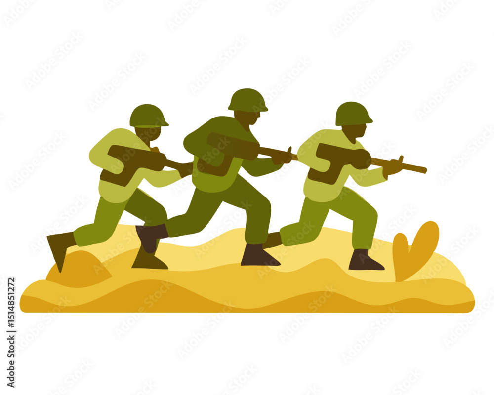 Obraz premium soldiers advancing in sandy terrain with dust and minimal vegetation, stylized vector on white 