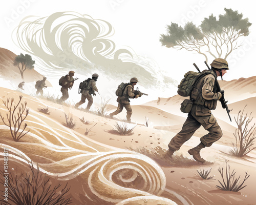 soldiers advancing in sandy terrain with dust and minimal vegetation, stylized vector on white

