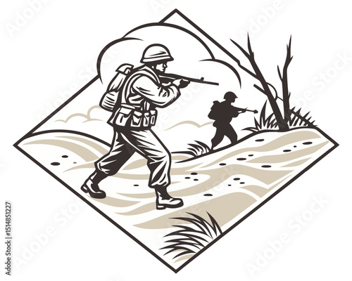 soldiers advancing in sandy terrain with dust and minimal vegetation, stylized vector on white
