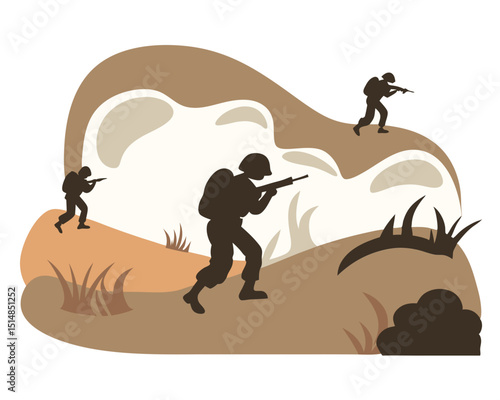 soldiers advancing in sandy terrain with dust and minimal vegetation, stylized vector on white

