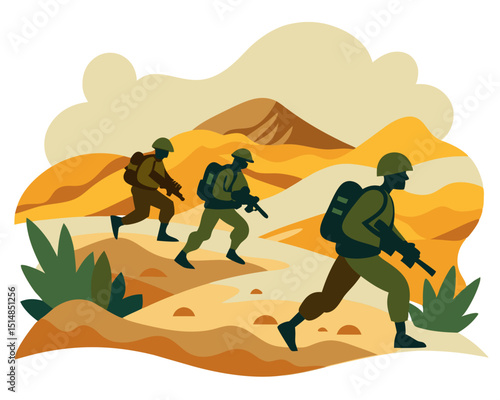 soldiers advancing in sandy terrain with dust and minimal vegetation, stylized vector on white
