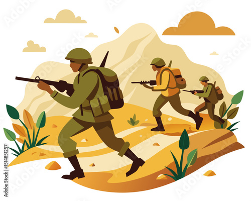 soldiers advancing in sandy terrain with dust and minimal vegetation, stylized vector on white
