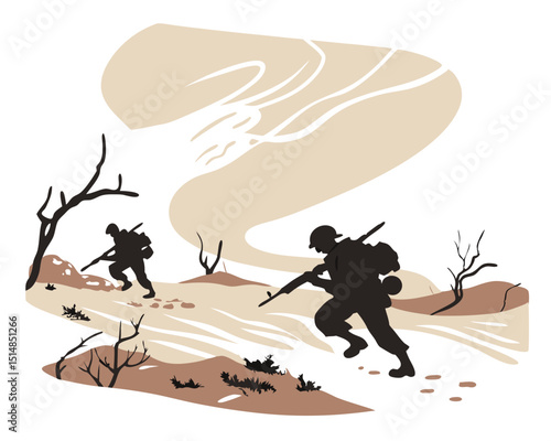 soldiers advancing in sandy terrain with dust and minimal vegetation, stylized vector on white
