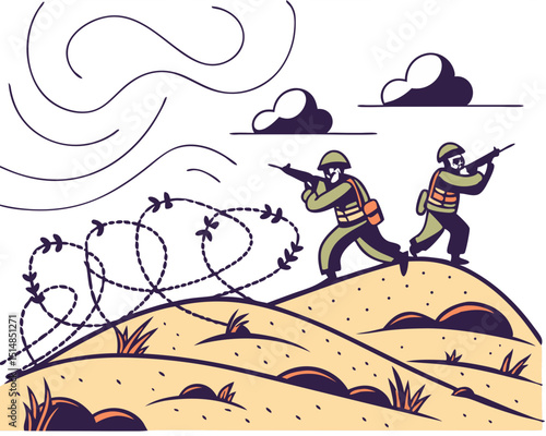 soldiers advancing in sandy terrain with dust and minimal vegetation, stylized vector on white
