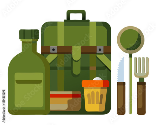 vector of military MRE packs, water canteen and utensils, flat style on white
