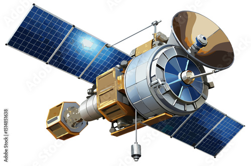 orbiting satellite with antenna and camera systems, military recon vector isolated on white
