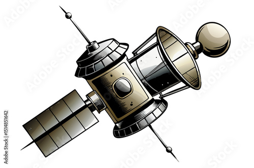 orbiting satellite with antenna and camera systems, military recon vector isolated on white

