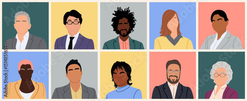 Set of multiethnic multiracial men and women avatars for social media networks. Diverse cartoon character vector illustrations isolated on colorful background. Head portraits, Modern profile pictures.