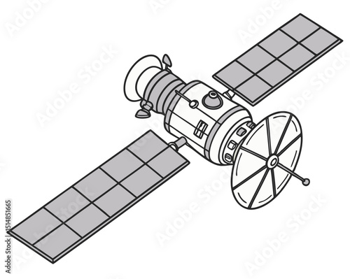 orbiting satellite with antenna and camera systems, military recon vector isolated on white

