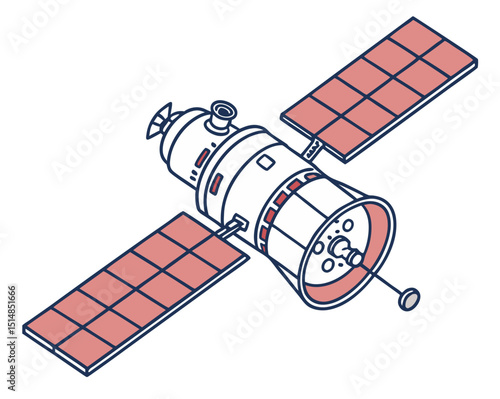 orbiting satellite with antenna and camera systems, military recon vector isolated on white
