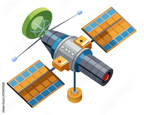 orbiting satellite with antenna and camera systems, military recon vector isolated on white
