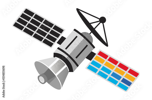 orbiting satellite with antenna and camera systems, military recon vector isolated on white
