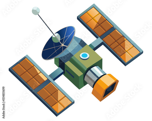 orbiting satellite with antenna and camera systems, military recon vector isolated on white
