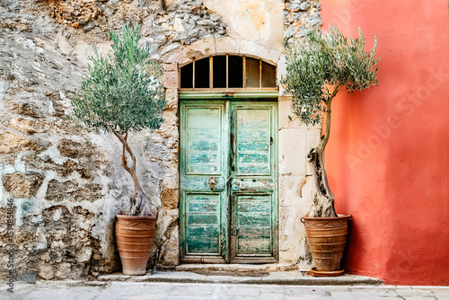 A lovely and picturesque green door beautifully framed by mature olive trees beside a rustic stone wall
