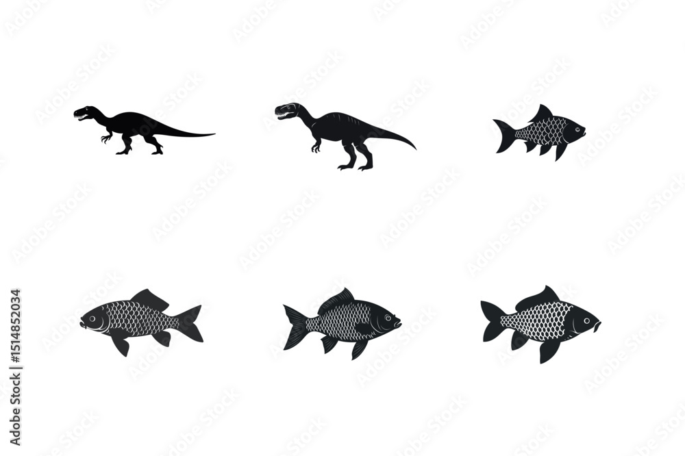Fototapeta premium Silhouette set dinosaurs and fish illustrations