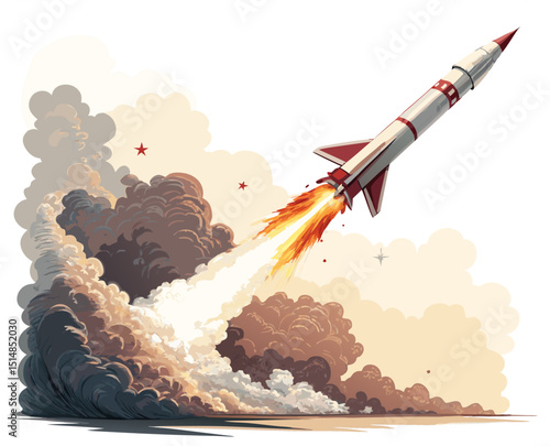vector of missile launching into air with smoke plume and fire trail, isolated on white
