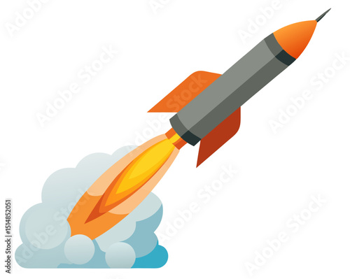 vector of missile launching into air with smoke plume and fire trail, isolated on white
