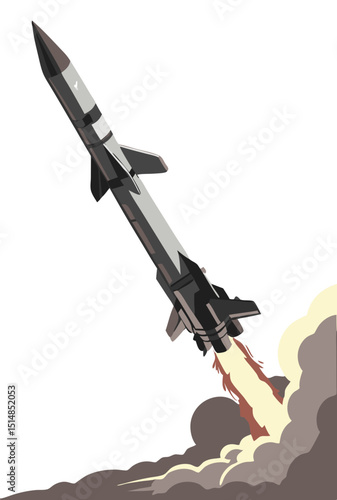 vector of missile launching into air with smoke plume and fire trail, isolated on white

