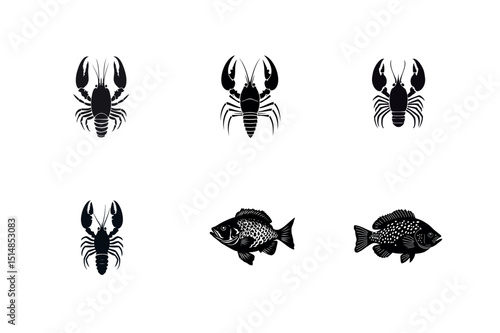 Black and white seafood icons lobster and fish