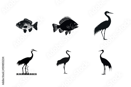 Silhouette illustrations of fish and cranes