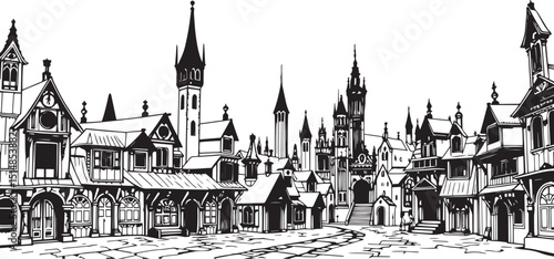 Old Town Landscape. Vintage, retro, wood carved patterns. Hand drawn vector illustration	