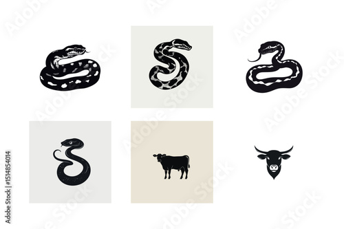 Black and white animal illustrations set