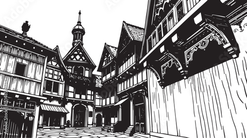 Old Town Landscape. Vintage, retro, wood carved patterns. Hand drawn vector illustration	