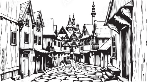 Old Town Landscape. Vintage, retro, wood carved patterns. Hand drawn vector illustration	