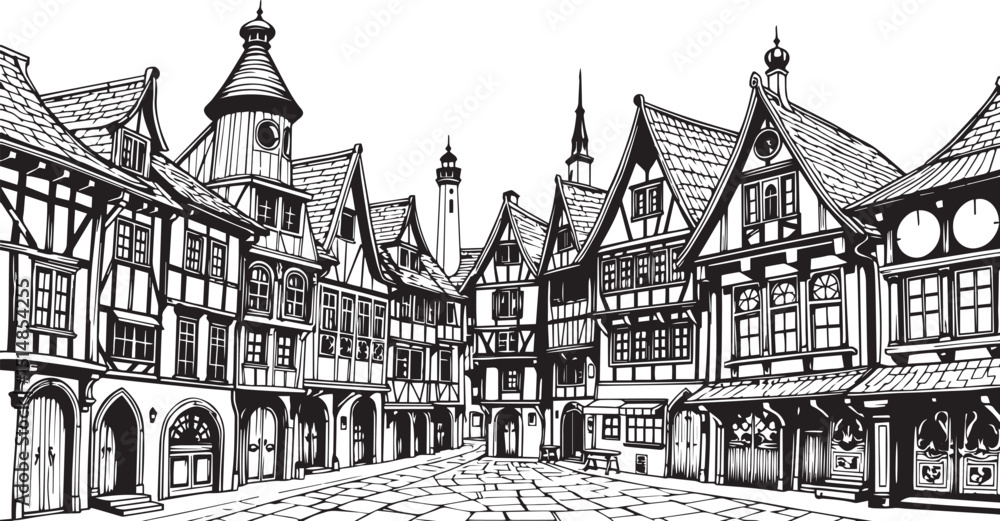 Obraz premium Old Town Landscape. Vintage, retro, wood carved patterns. Hand drawn vector illustration 