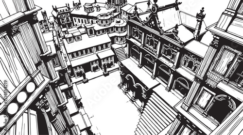 Old Town Landscape. Vintage, retro, wood carved patterns. Hand drawn vector illustration	