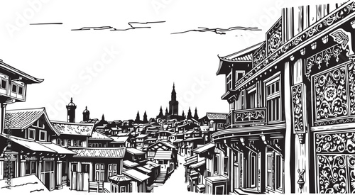 Old Town Landscape. Vintage, retro, wood carved patterns. Hand drawn vector illustration	