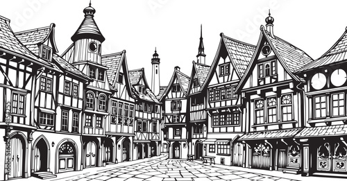 Old Town Landscape. Vintage, retro, wood carved patterns. Hand drawn vector illustration	