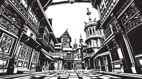 Old Town Landscape. Vintage, retro, wood carved patterns. Hand drawn vector illustration	