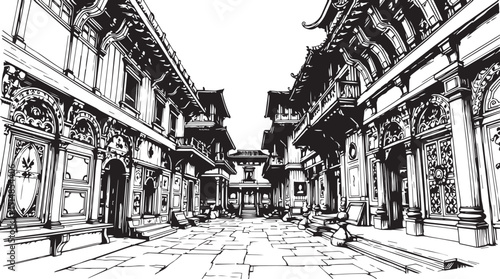 Old Town Landscape. Vintage, retro, wood carved patterns. Hand drawn vector illustration	