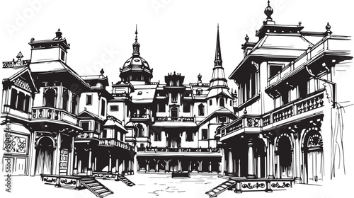 Old Town Landscape. Vintage, retro, wood carved patterns. Hand drawn vector illustration	